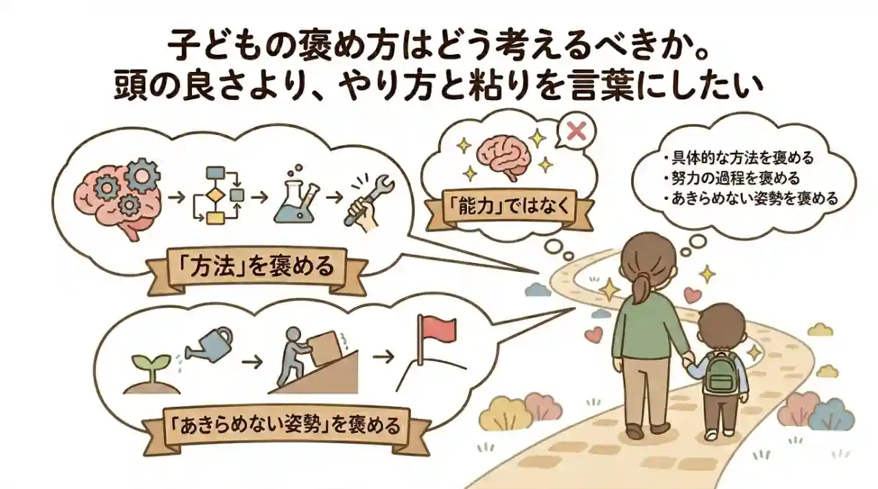 「子どもの褒め方はどう考えるべきか」を表現するイラスト