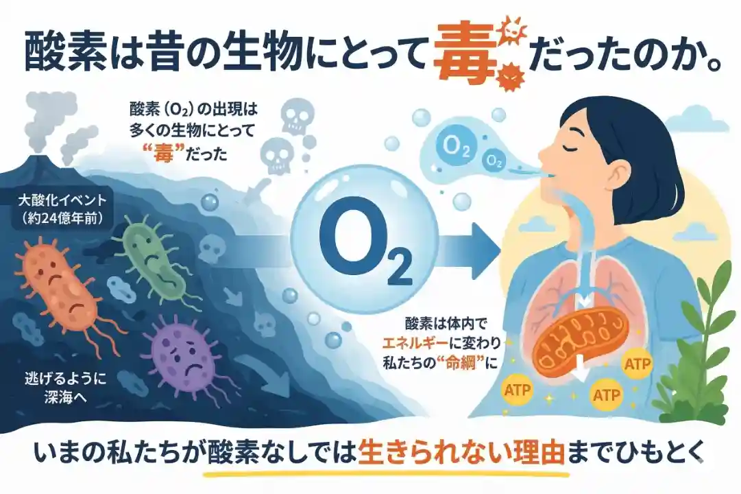 酸素は昔の生物にとって毒だったのか？を表現したイラスト