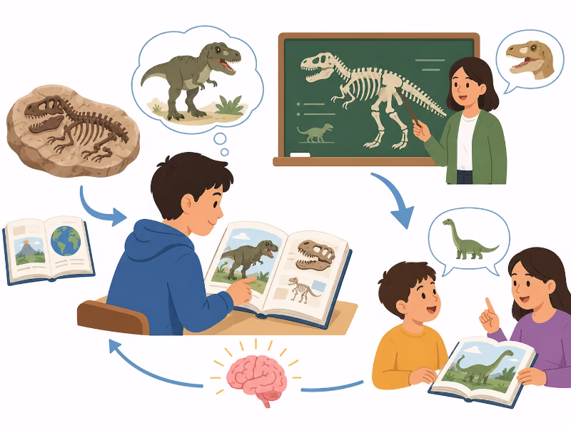 人間が言葉や文字を使って知識を学び受け継ぐことを示すイラスト