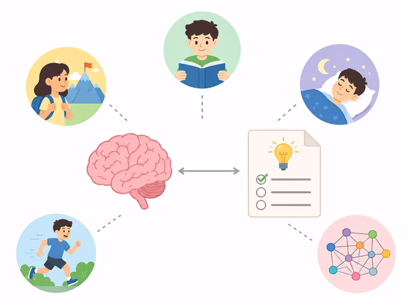 脳の大きさと知能には少し関係があるが他の要素も大切だと示す図解イラスト