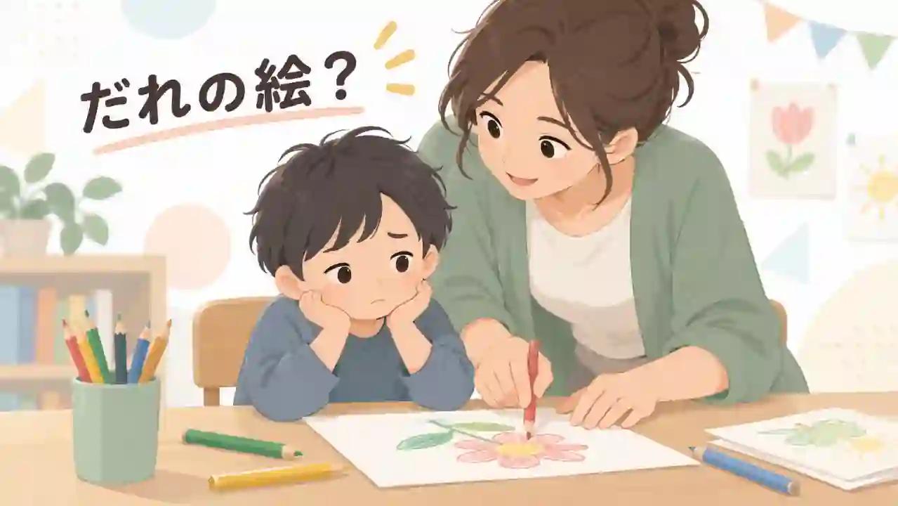 子どもが描く画用紙に母親が横から手を出し、自分で描く機会との対比を表した親子のイラスト