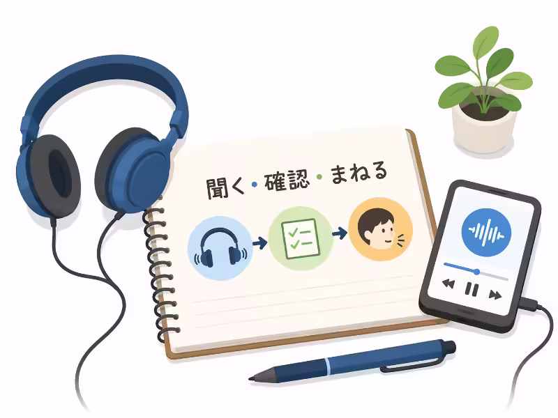 ヘッドホンとノートを使って英語音声を聞き、スクリプトを確認して音読練習する流れを示すフラットデザインのイラスト