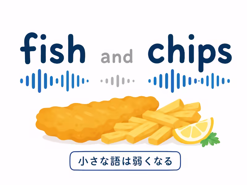 fish and chipsのandが小さく薄く表示され、弱形・ウィークフォームで小さな語が弱く読まれることを示す図解