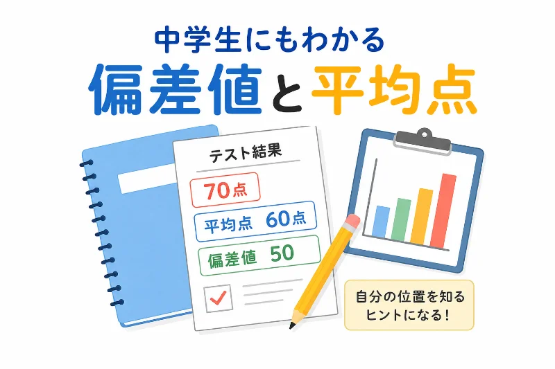 中学生にもわかる偏差値と平均点の違いを表したフラットデザインのアイキャッチ画像