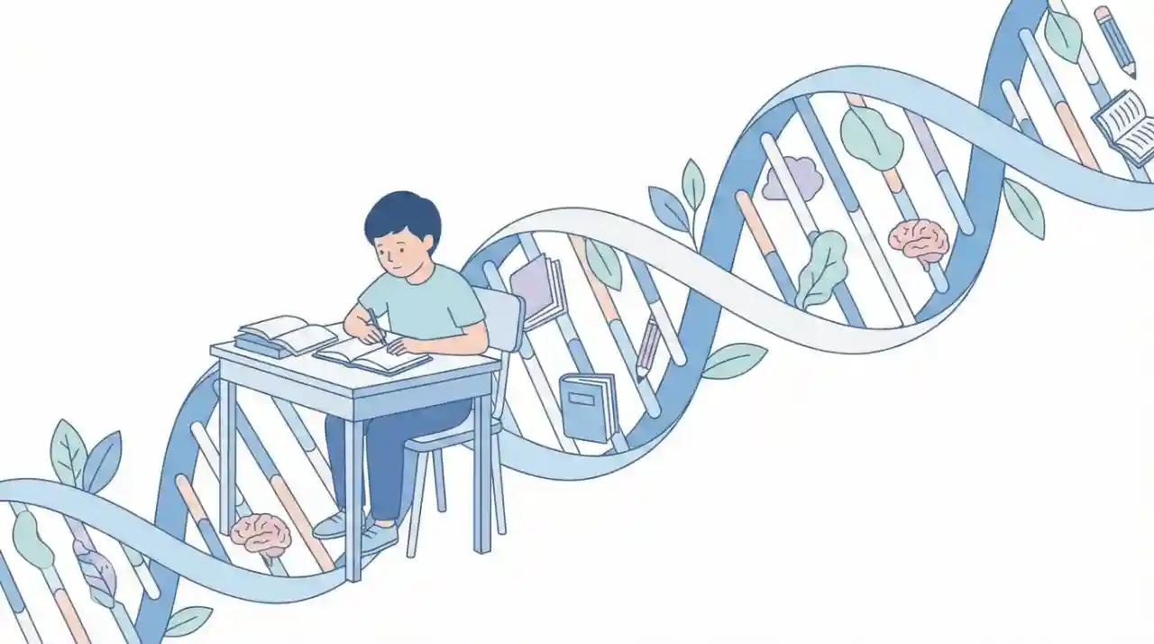 行動遺伝学と学力の関係を示すイメージ。勉強する子どもとDNA二重らせんが重なるイラスト