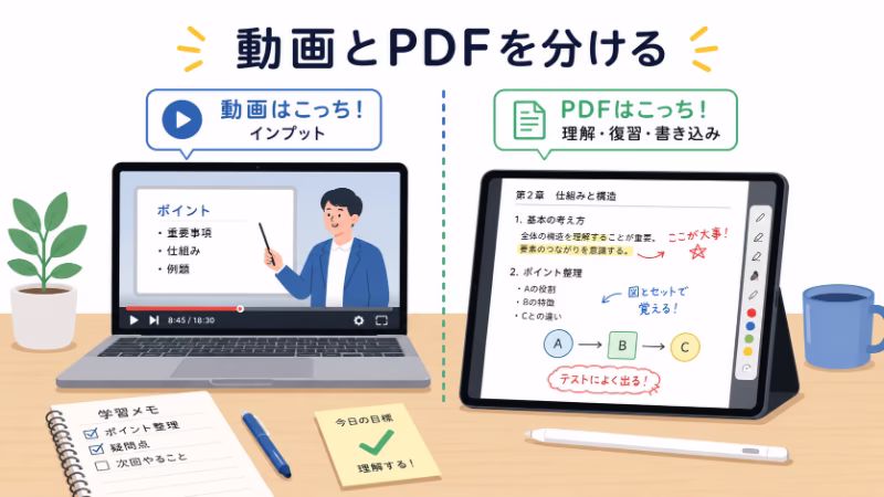 スタディサプリの動画を別端末で見ながらiPadでPDFに書き込む使い方のイラスト