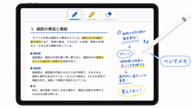 スタディサプリのテキストPDFをiPadに保存する流れを示したフラットデザイン画像