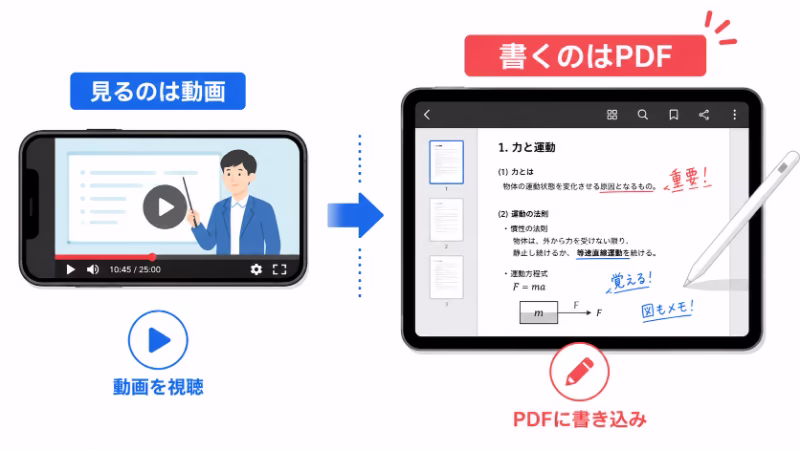 スタサプの授業画面ではなくテキストPDFに書き込む使い方を説明するイラスト