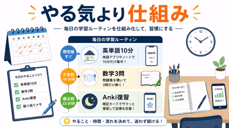 勉強を習慣化して仕組みで続ける様子を示した白背景のフラットデザイン挿絵