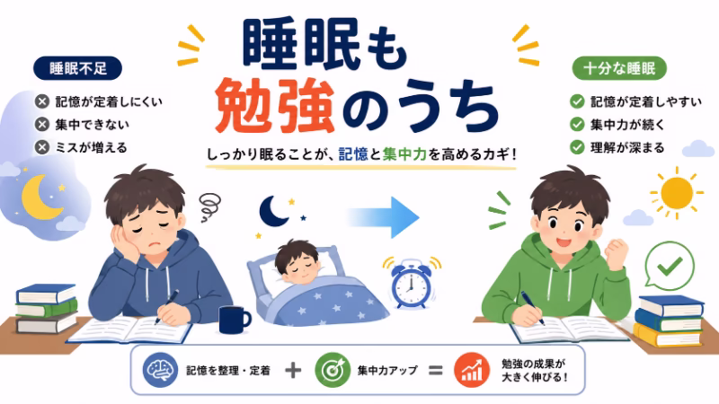 睡眠不足の勉強と十分に眠った勉強を比較した白背景のフラットデザイン挿絵