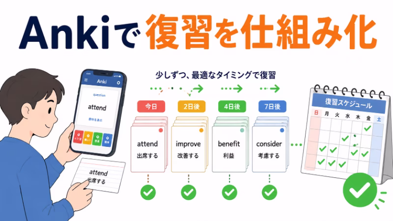 Ankiアプリと暗記カードを使って復習を管理する様子を表した白背景のフラットデザイン挿絵