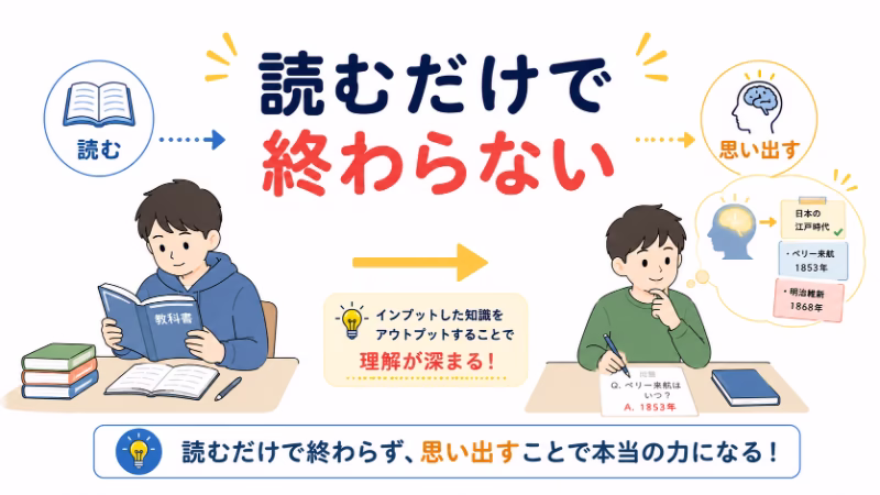 教科書を読むだけでなく、知識を思い出す勉強が大切だと伝える白背景のフラットデザイン挿絵