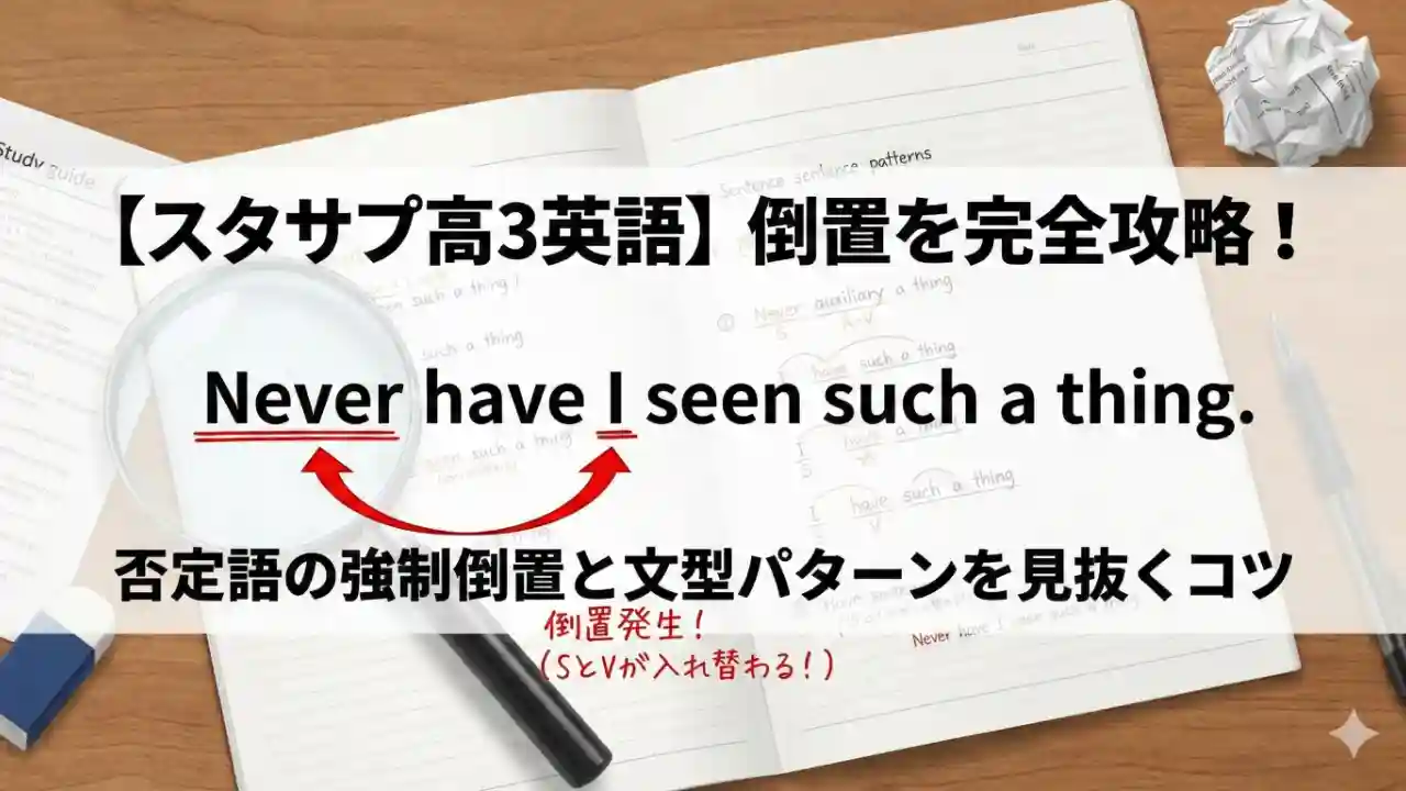 【スタサプ高3英語】倒置を完全攻略！否定語の強制倒置と文型パターンを見抜くコツのアイキャッチ画像。英文が書かれたノートの上で虫眼鏡が「Never」という単語を拡大しており、語順が入れ替わっている矢印記号が描かれたデザイン。