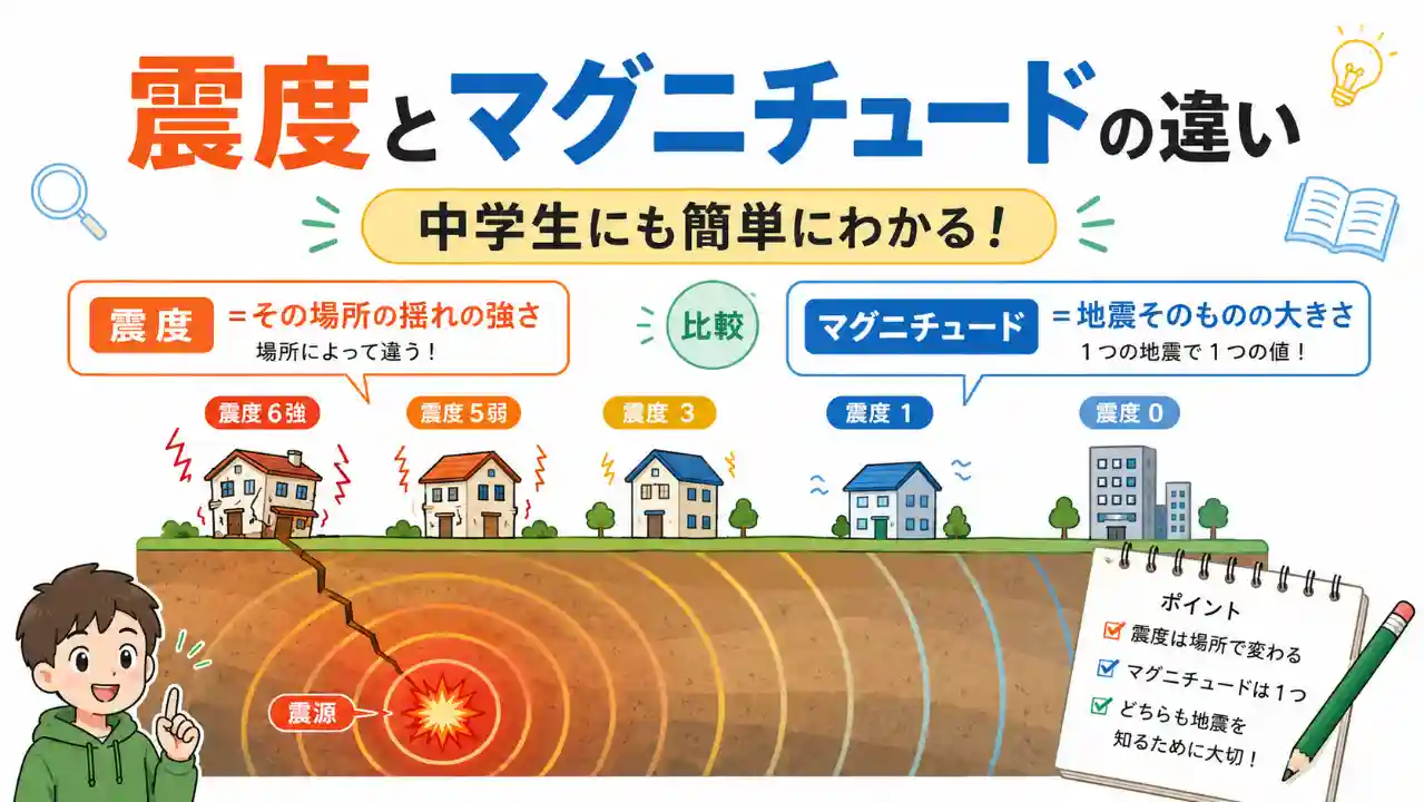 震度とマグニチュードの違いを中学生にも簡単にわかるように解説する図解アイキャッチ画像