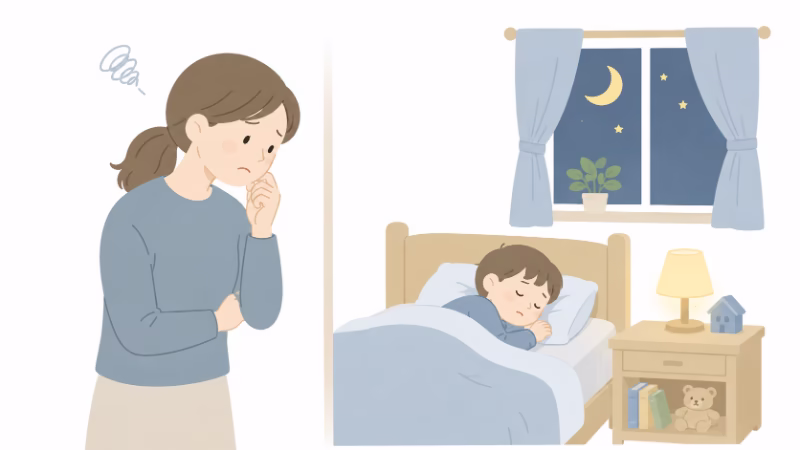 怒ってしまったあと、眠る子どもを見ながら後悔する親のイラスト
