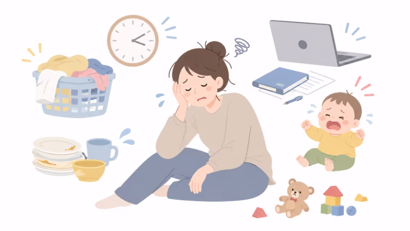家事や仕事や育児に追われて疲れている親を表したイラスト