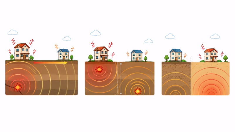 震源からの距離、震源の深さ、地盤の違いで揺れ方が変わることを示したイラスト