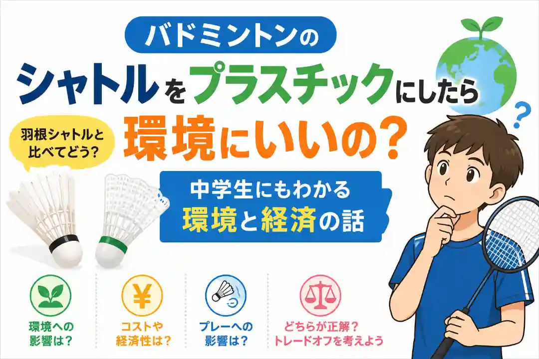 バドミントンのシャトルをプラスチックにしたら環境にいいのかを、中学生向けに環境・経済・プレーへの影響から考えるアイキャッチ画像