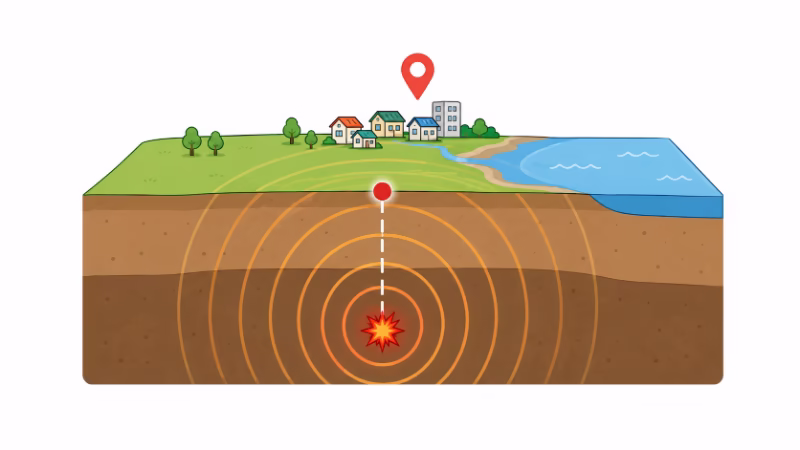 震源と震央と震源地の違いを示した図解イラスト