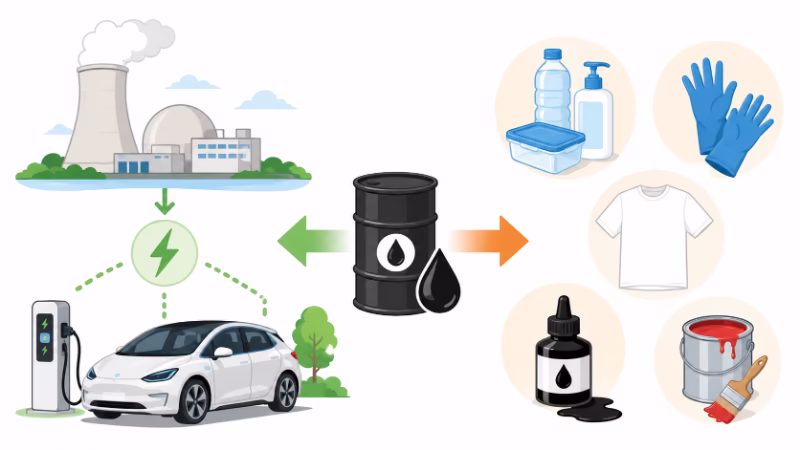 原子力発電やEVが燃料の石油依存を減らせても、プラスチックやゴムなど材料としての石油依存は残ることを示すイラスト