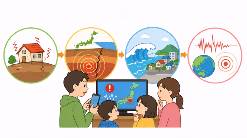 地震ニュースで震度や震源や津波情報を確認する流れを示したイラスト