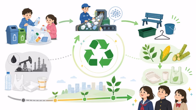 リサイクルや植物由来のバイオプラスチックが広がりつつも、石油由来の素材もまだ使われていることを示すイラスト