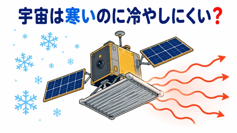 宇宙に浮かぶ人工衛星と放熱板を描き、宇宙は寒いのに冷却が難しいことを表したフラットデザイン画像