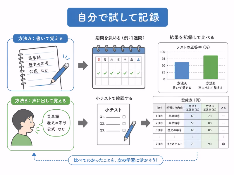 自分で方法を試して記録し根拠を作る様子を示した図解イラスト
