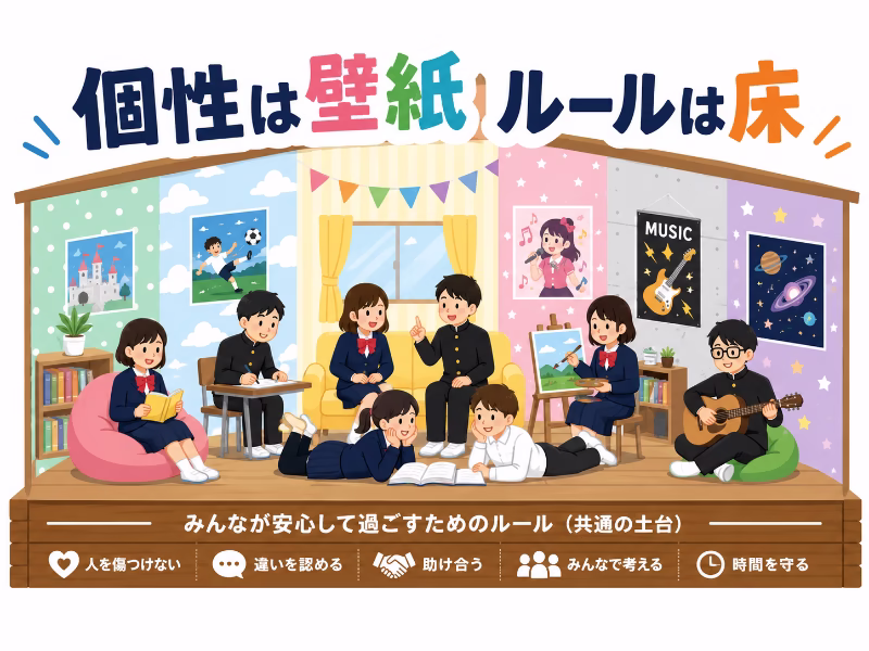 個性は壁紙で守るべきルールは床という比喩を表したイラスト