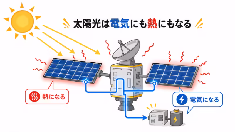 太陽光が人工衛星の電力源になる一方で熱源にもなることを説明するフラットデザイン画像