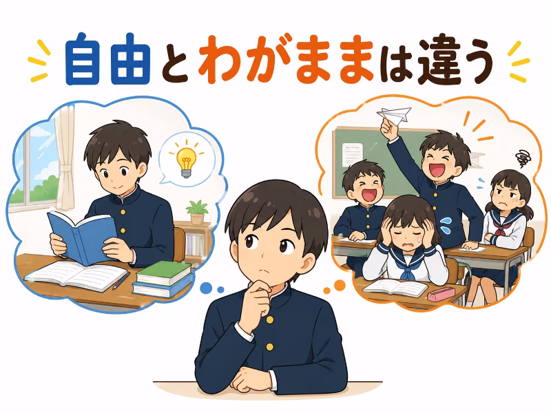 自由とわがままの違いを中学生向けに表現したイラスト