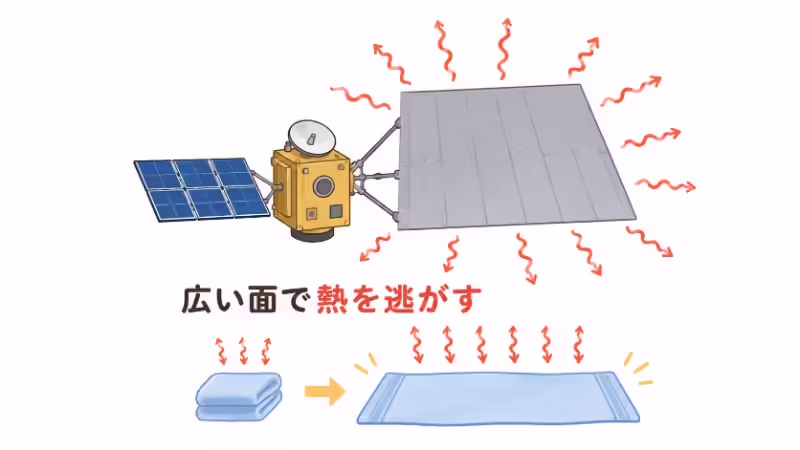 宇宙のラジエーターは広い面を使って赤外線として熱を逃がすことを説明する図解