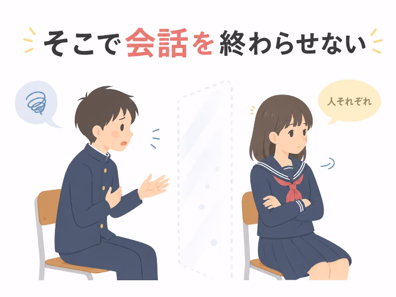 人それぞれという言葉で会話が止まりかける様子を表したイラスト
