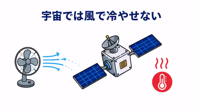 宇宙では空気がほとんどないためファンの風で熱を逃がしにくいことを示す図解