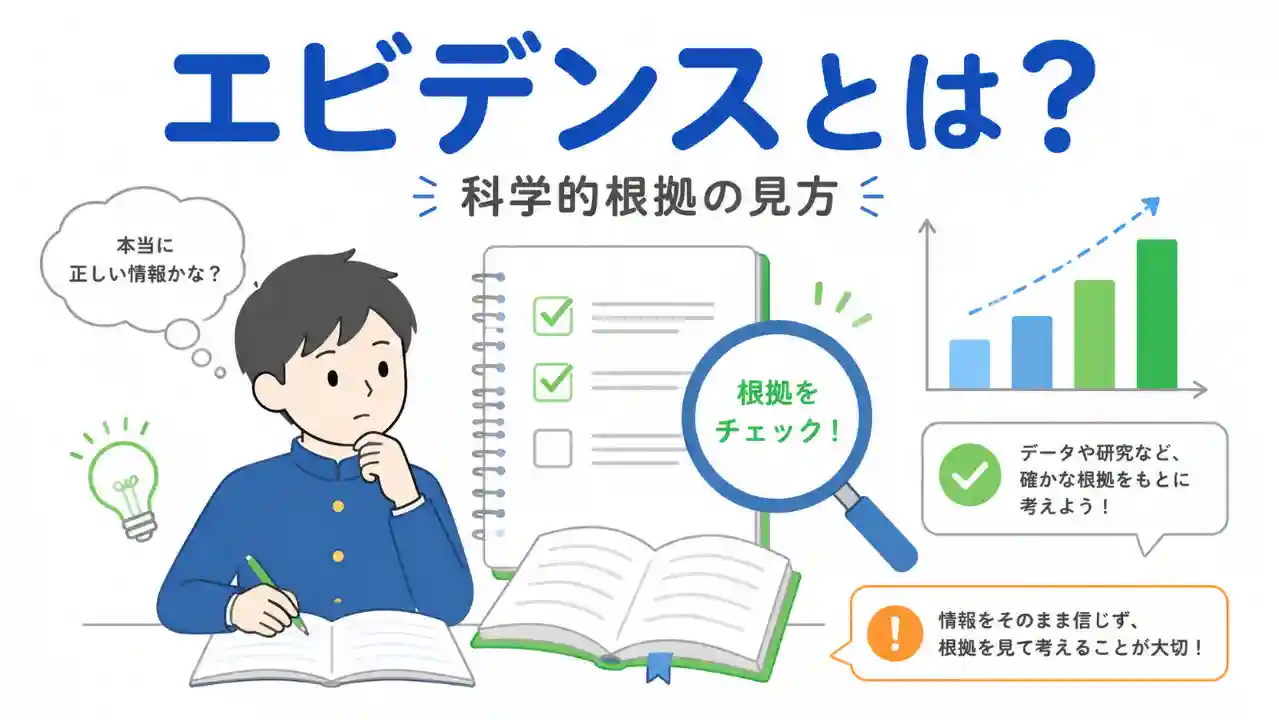 エビデンスとは何かを中学生向けに解説する記事のアイキャッチ画像