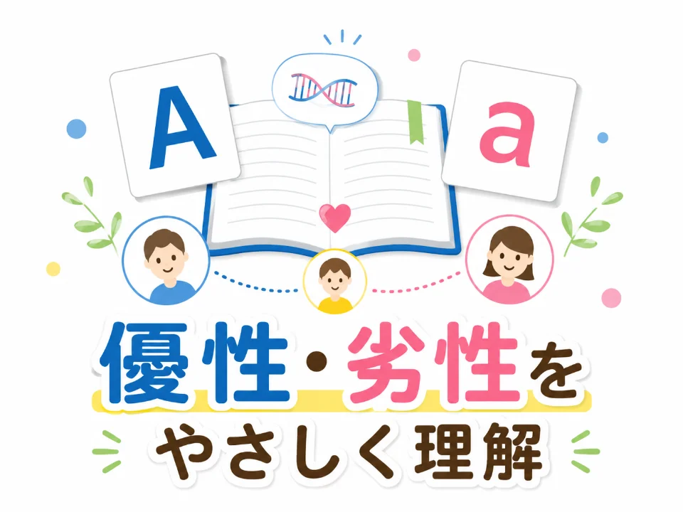 中学生向けに優性と劣性の基本をやさしく説明する記事のアイキャッチ画像