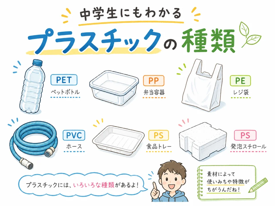 中学生向けにPET・PP・PE・PVC・PSなどプラスチックの種類を身近な製品で示したアイキャッチ画像