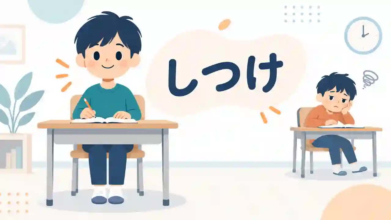 机に向かって姿勢よく座る子どもと、崩れた姿勢の子を対比して描いた躾のイメージのイラスト