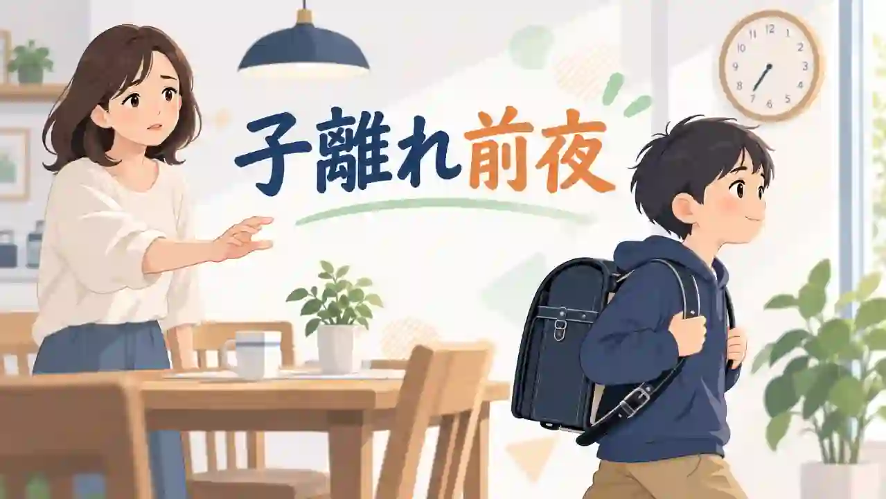 子どもが前へ進み、母親が少し戸惑いながら見守る家庭内の変化を描いた横長のイラスト