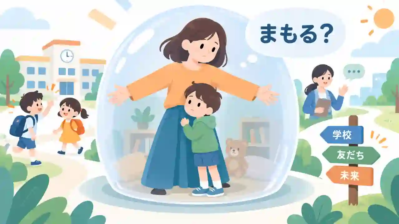 母親と子どもを囲う透明な壁の外に学校や友だちが見える対比構図のイラスト