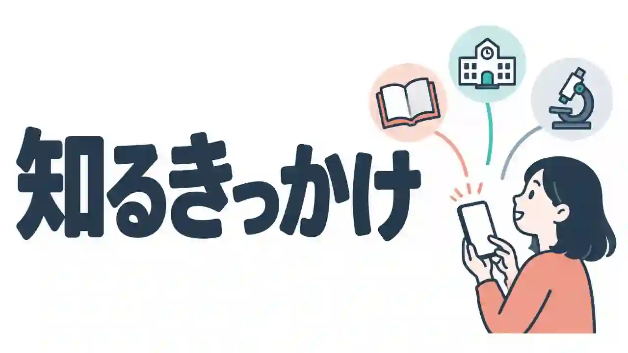 スマホで新しい学びや仕事の世界を知るきっかけを表す、子どもと本・学校・顕微鏡を配した白背景のイラスト