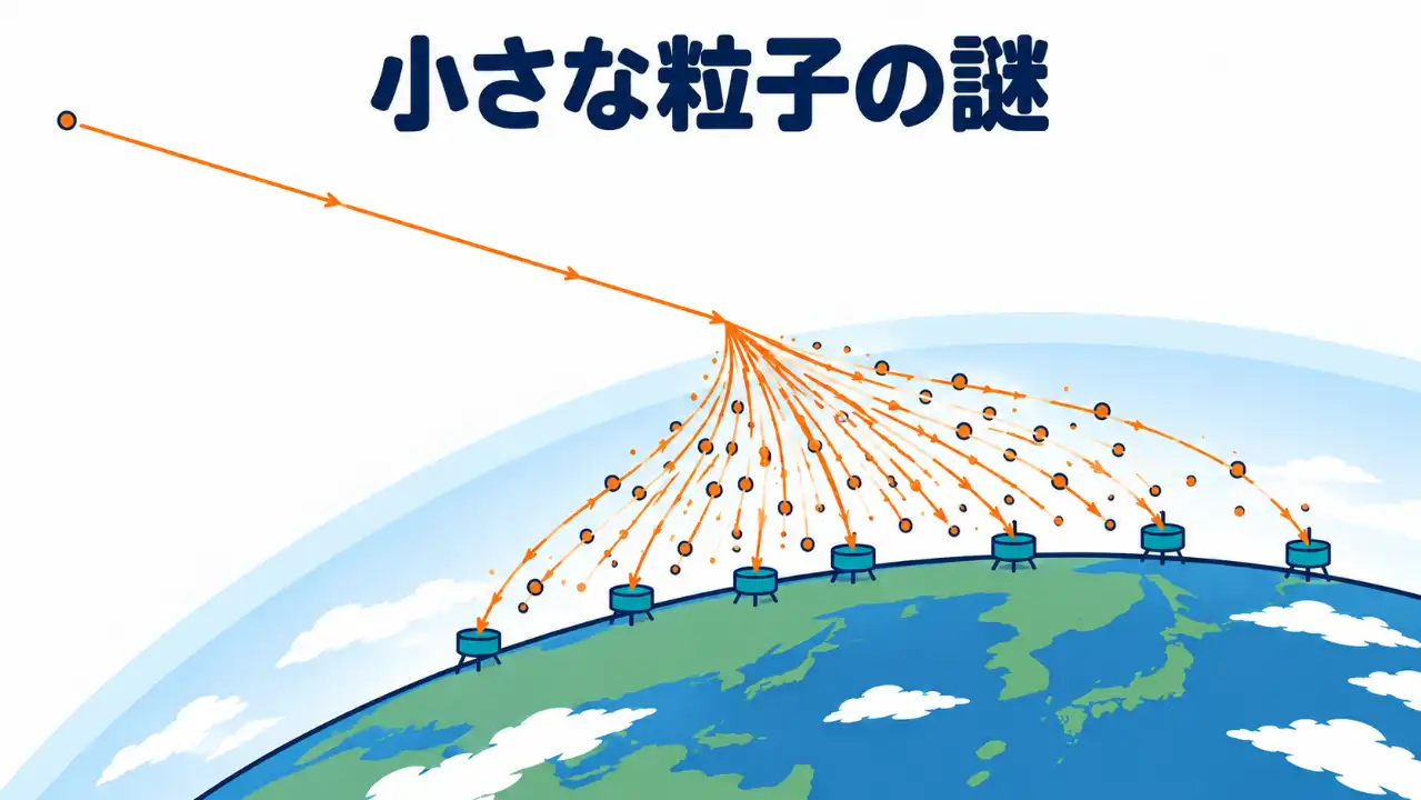 宇宙から来た一つの粒子が地球の大気で多数の粒子へ広がり、広い範囲に並ぶ地表の検出器へ降り注ぐ様子のイラスト