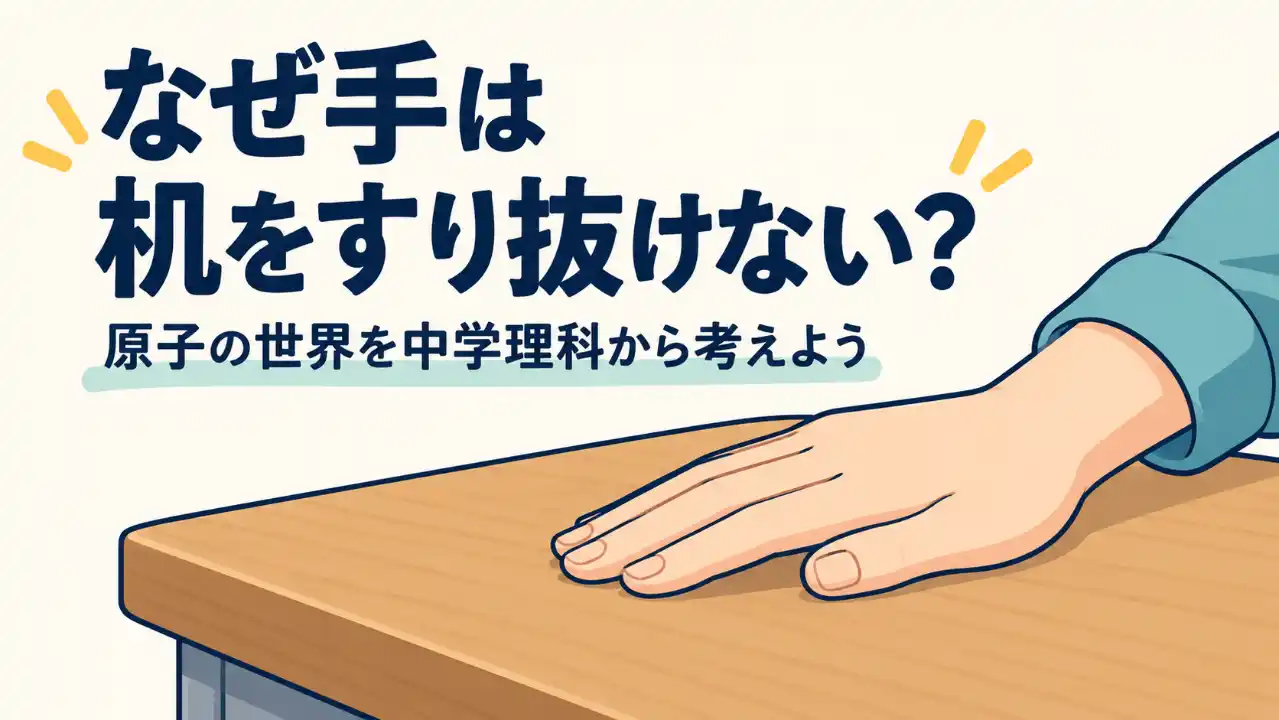 机に手を置いた絵と「なぜ手は机をすり抜けない？」の見出し。原子の世界を中学理科から考える記事の表紙。