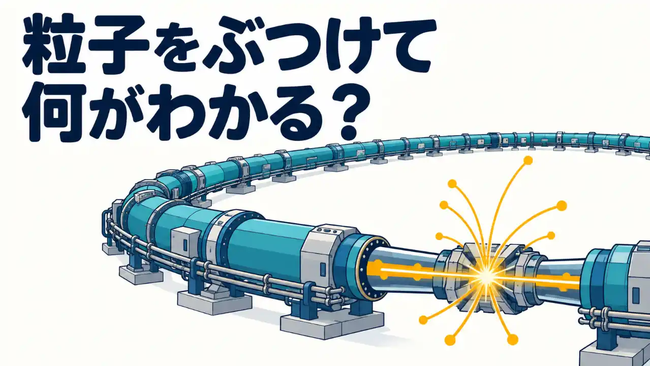 「粒子をぶつけて何がわかる？」という見出しと、輪になった加速器の衝突点から粒子が飛び出す様子。記事全体の問いを表した表紙。