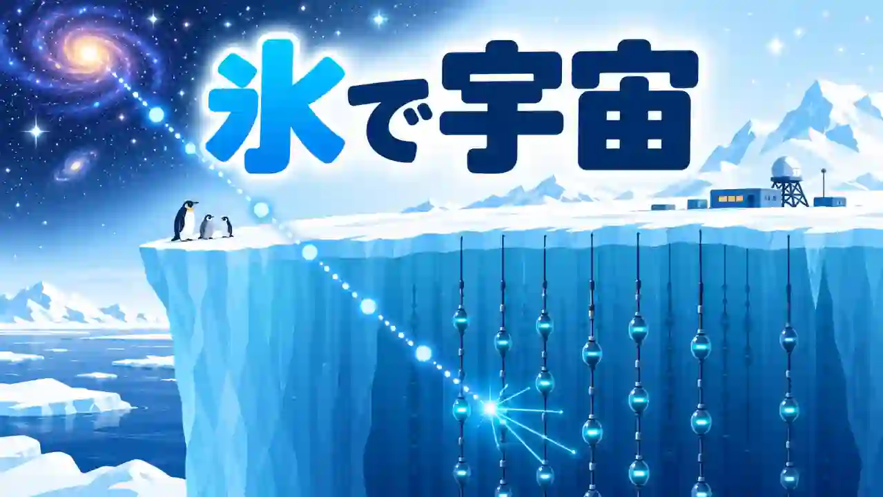 遠い銀河から南極の氷の内部へ粒子の点線が伸び、深く埋められた光センサーと青い反応光を示したアイキャッチのイラスト