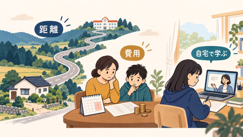 遠くの校舎へ続く道と、費用を考える親子、自宅のパソコンで授業を受ける子ども。距離と費用の壁に対する学び方の選択肢を示す。