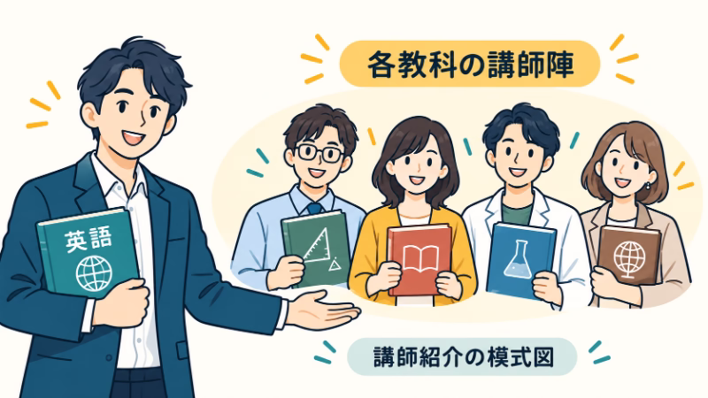 英語の講師が、数学や理科などを表す本を持つ四人の講師を紹介する場面。「講師紹介の模式図」と記し、各教科の講師をそろえる様子を表す。