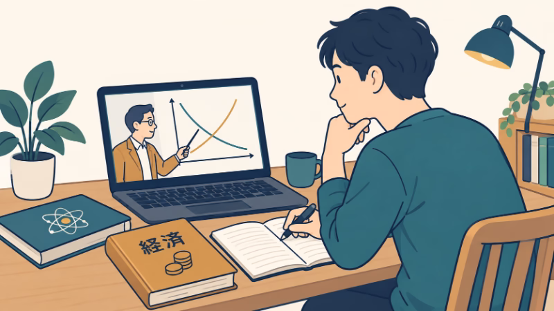 理科を思わせる本と経済の本を机に置き、パソコンの授業を見ながらノートを取る大人。以前の専門に限らず学び直せることを表す。