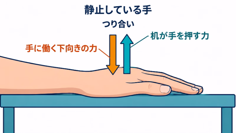 机に支えられて静止する手。手に働く下向きの力と、机が手を押す上向きの力がつり合う。二つの矢印はどちらも同じ手への力を示す。