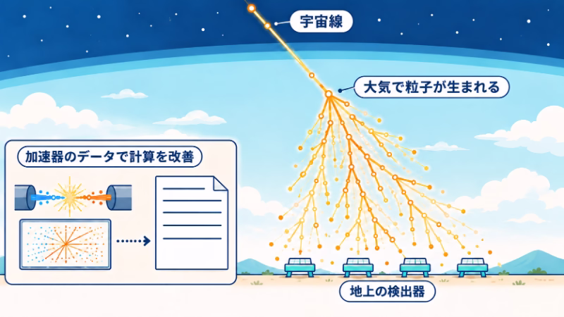 宇宙線が大気で粒子を生み、地上の検出器へ広がる様子。別枠の衝突記録から計算資料への矢印で、加速器データを計算改善に使う関係を示す。